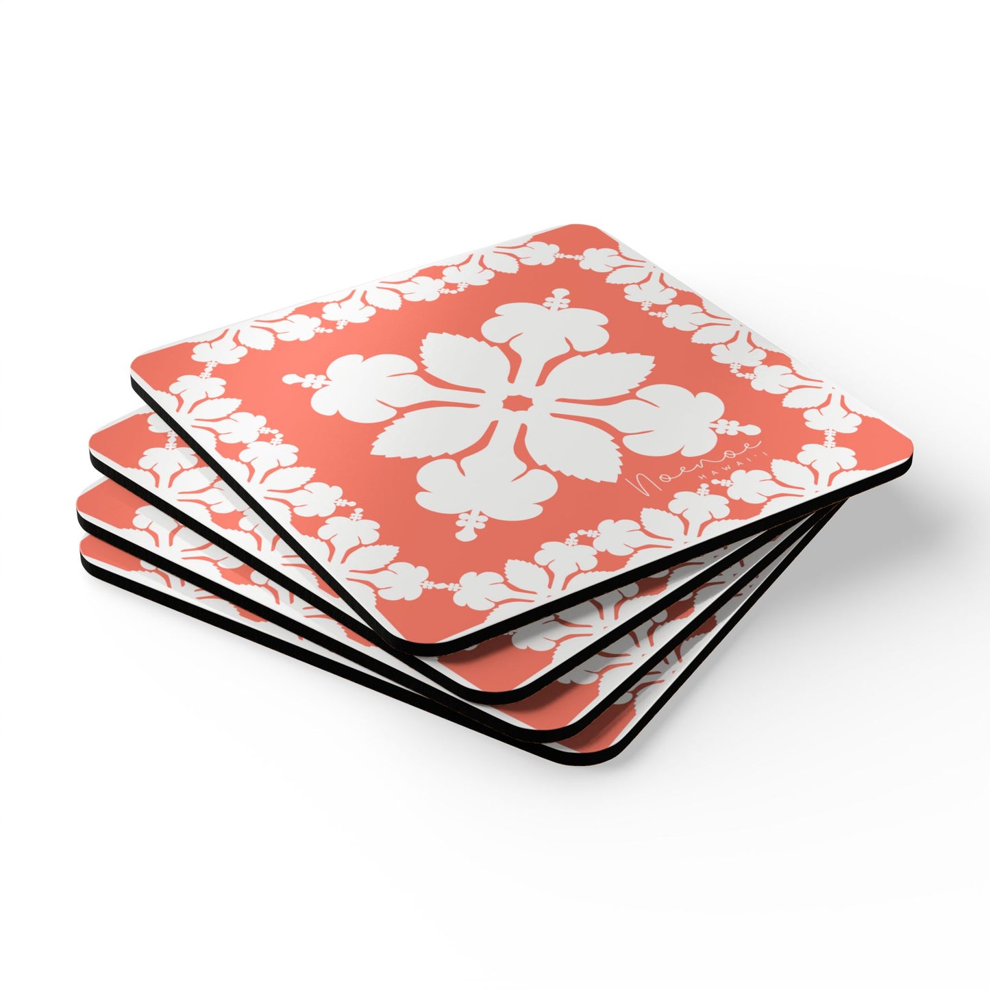 Corkwood Coaster Set, Hawaiian Quilt Hibiscus- Orange
