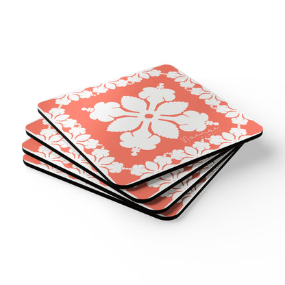 Corkwood Coaster Set, Hawaiian Quilt Hibiscus- Orange