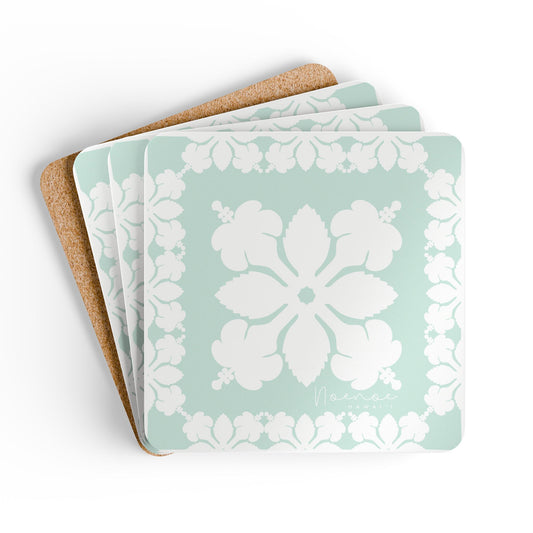 Corkwood Coaster Set, Hawaiian Quilt Hibiscus- Mint