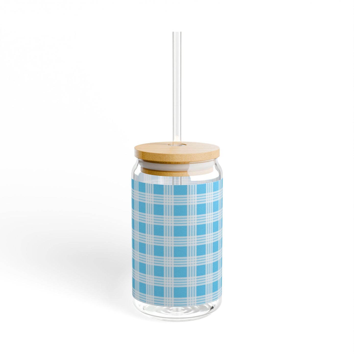 Glass Tumbler with Lid and Straw, 16oz- Blue Palaka