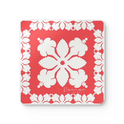 Corkwood Coaster Set, Hawaiian Quilt Hibiscus- Magenta