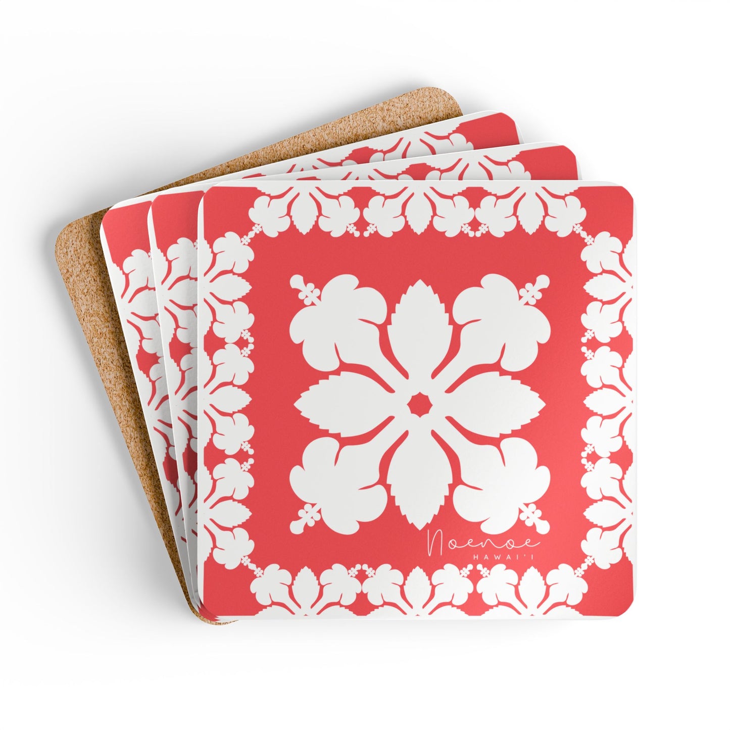 Corkwood Coaster Set, Hawaiian Quilt Hibiscus- Magenta